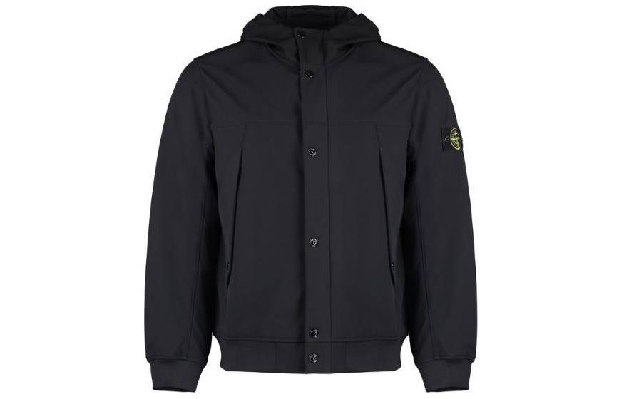 Stone Island Black Logo Patch Single-Breasted Hooded Jacket for Men 8015402-V0029