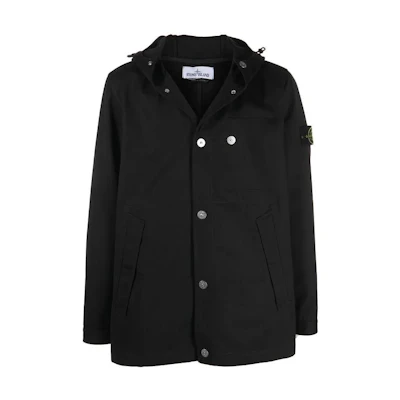 Stone Island Black Solid Color Buttoned Hooded Jacket for Men 761542628-V0029