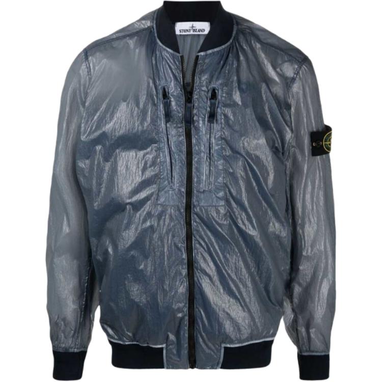 Stone Island Blue Patchwork Bomber Jacket with Logo and Zip-Up Design 741543134-V0020