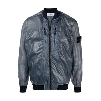 Stone Island Blue Patchwork Bomber Jacket with Logo and Zip-Up Design 741543134-V0020
