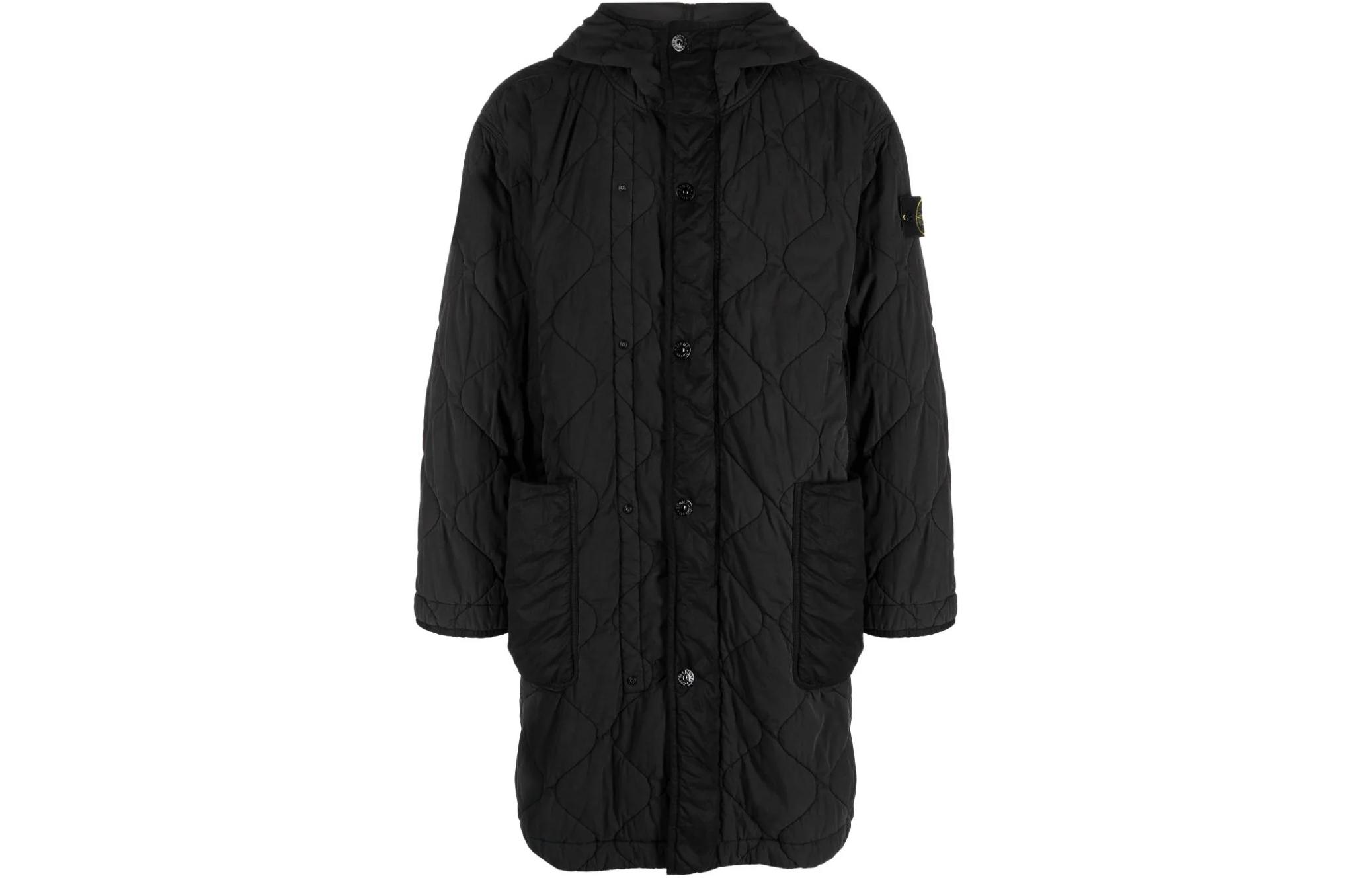 Stone Island Compass Patch Colorblock Hooded Jacket Black Men’s Long Coat 791570133-V0029