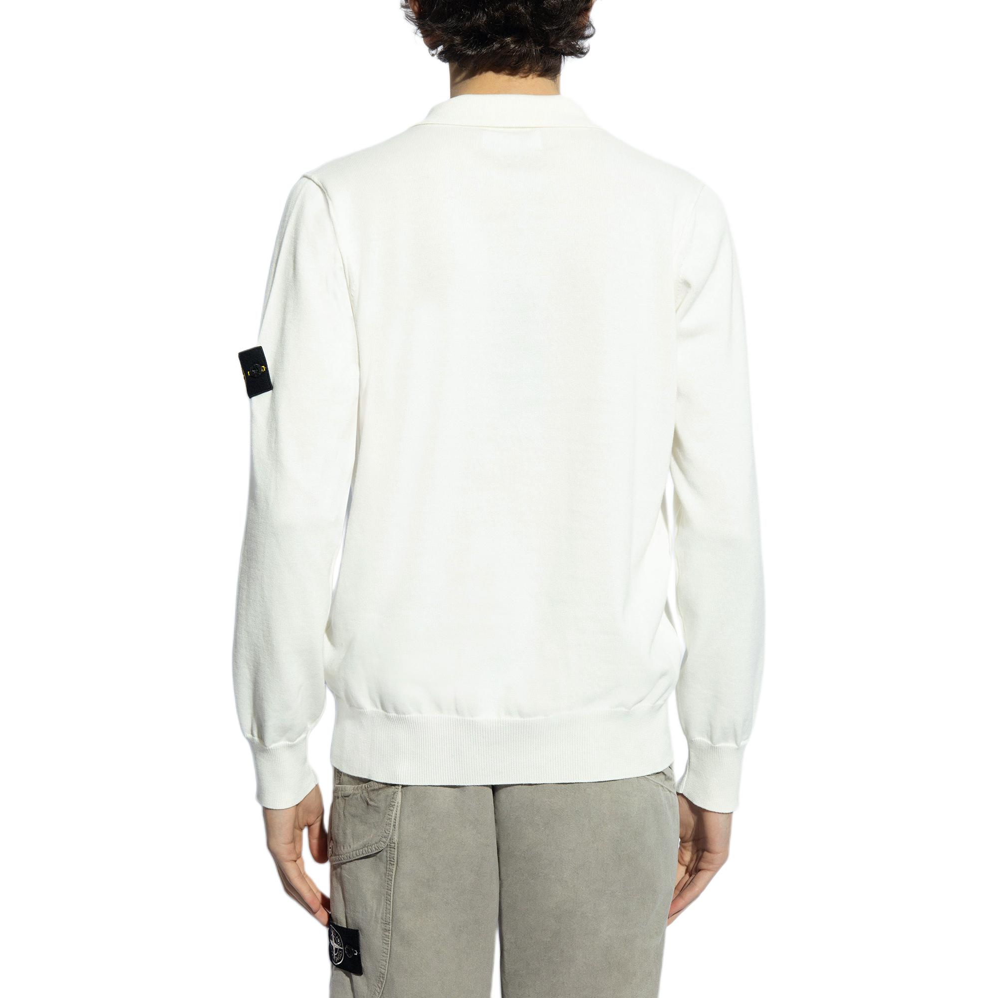 Shop Stone Island 男士奶油色長袖徽標拉鍊門襟POLO襯衫 8015543B2-V0001