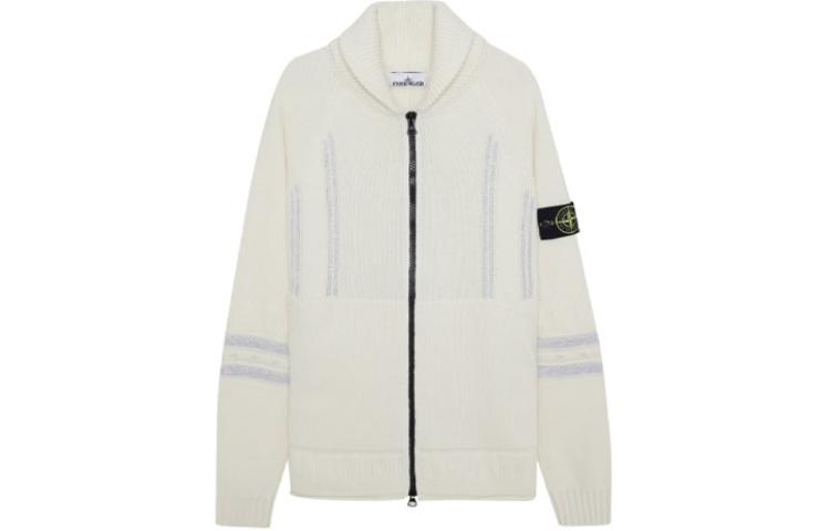 Stone Island Cream Zip-Up Knit Jacket with Collar 7715536D1-V0099