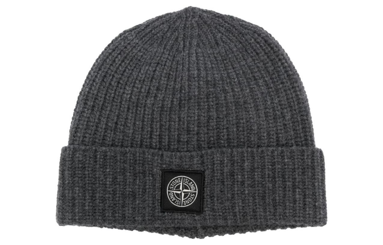 Stone Island Embroidered Patch Knit Beanie for Men - Dark Gray. 7915N10B5V0M67