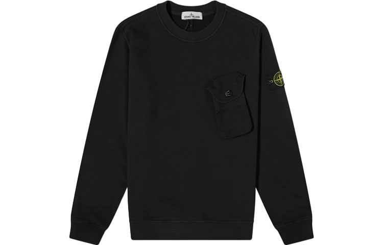 STONE ISLAND FW21  Black Crewneck Sweatshirt with Sleeve Patch and Pocket. 751560419-V0029