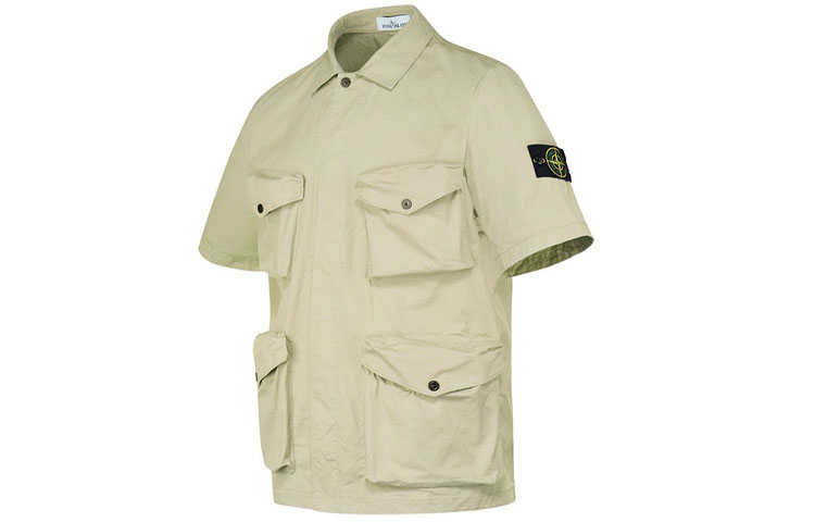 Shop STONE ISLAND FW21 米色多口袋短袖襯衫 男款 751510210-V0091