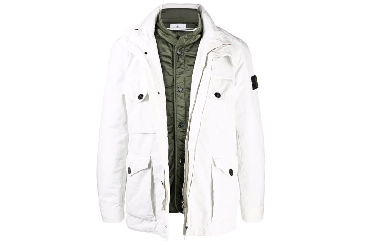 Stone Island FW21 Compass Patch Layered Jacket White Mens 751541849-V0003