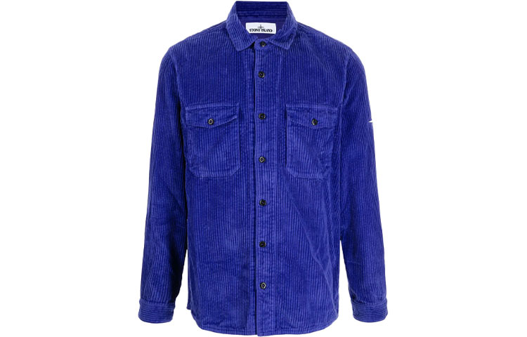 STONE ISLAND FW21 Corduroy Button-Up Long Sleeve Shirt Blue Mens 751512111-V0043