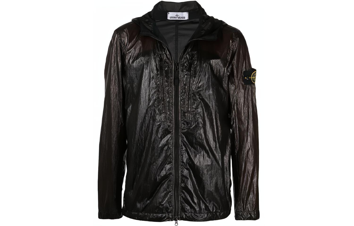 Stone Island FW21 Glossy Zip-Up Hooded Jacket Black 741543034-V0029