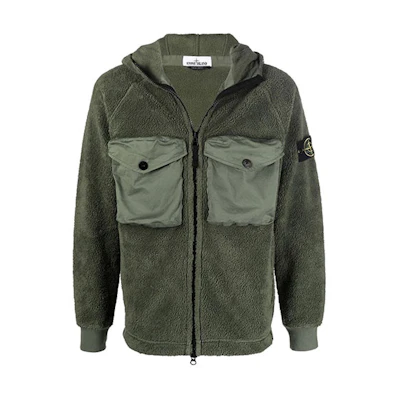 STONE ISLAND FW21 Green Logo Patch Sherpa Fleece Hooded Jacket Men 751560134-V0055