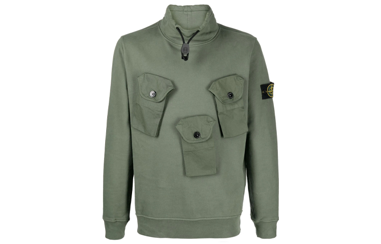 Stone Island FW21 Green Pullover Sweatshirt with High Neck & Multiple Pockets 751560519-V0055
