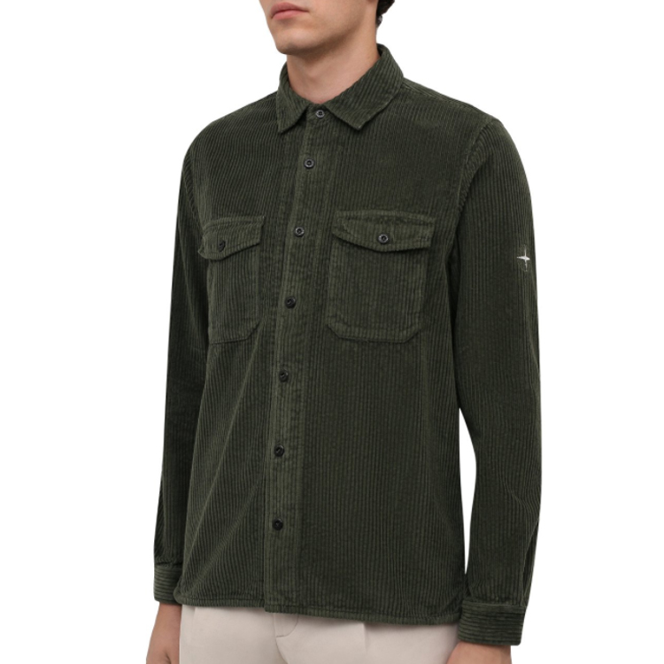 Lookbook STONE ISLAND FW21 Logo Cotton Pocket Long Sleeve Shirt Military Green Men 751512111-V0055