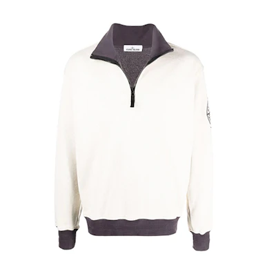 Stone Island FW21 Logo Half-Zip Loose-Fit Long-Sleeve Sweatshirt White Mens 751561137-V0026
