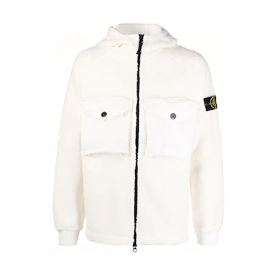Stone Island FW21 Logo Patch Sherpa Fleece Hooded Jacket White Men’s Outerwear 751560134-V0001
