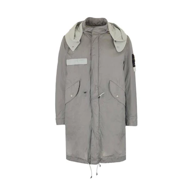 Stone Island FW22 Gray Metallic Nylon Trench Coat with Detachable Hood 771570919-V0061