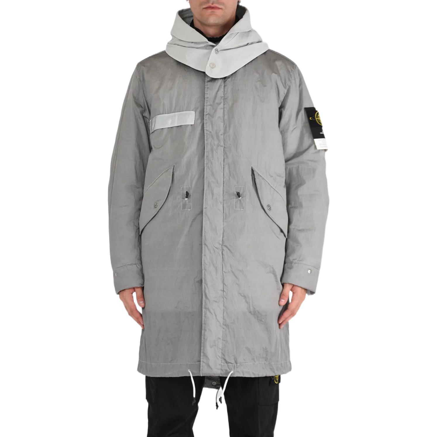 Shop 스톤아일랜드 FW22 그레이 메탈릭 나일론 후드 탈부착 트렌치코트 771570919-V0061