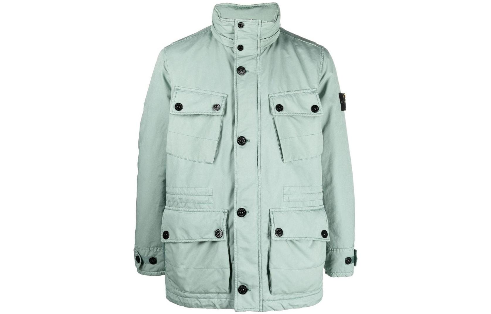 Stone Island FW22 Badge Button-Up Collar Long-Sleeve Jacket Men Light Green 771541249-V0055