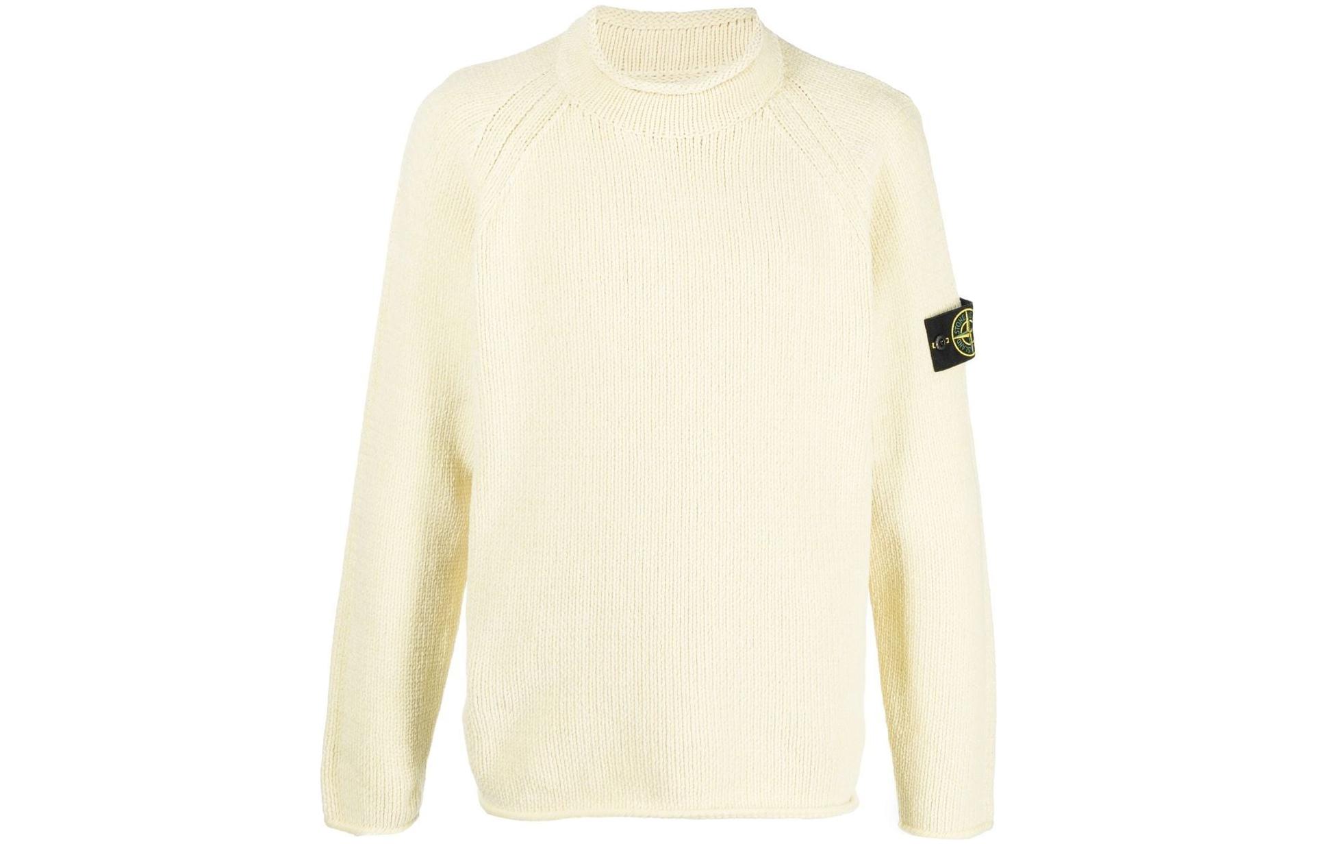 STONE ISLAND FW22 Beige Long Sleeve Knit Sweater with Patch for Men. 7715513A5-V0035