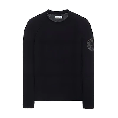 STONE ISLAND FW22 Black Crewneck Knit Sweater with Logo Embroidery . 7715534A4-V0029