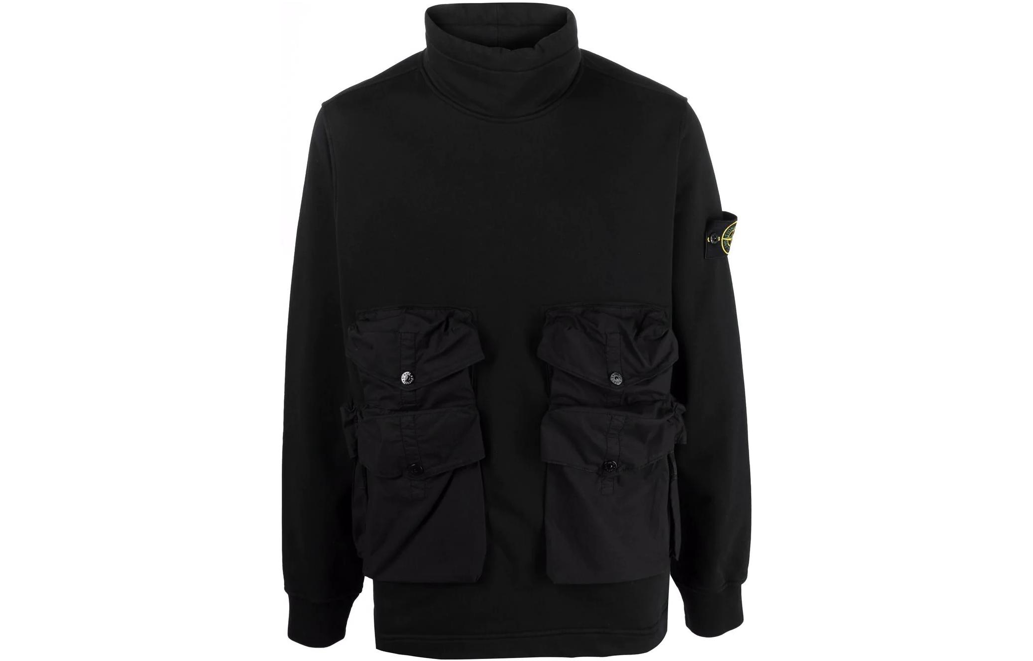 Stone Island FW22 Black Multi-Pocket Patch Crewneck Sweatshirt Mens 761561051-V0029