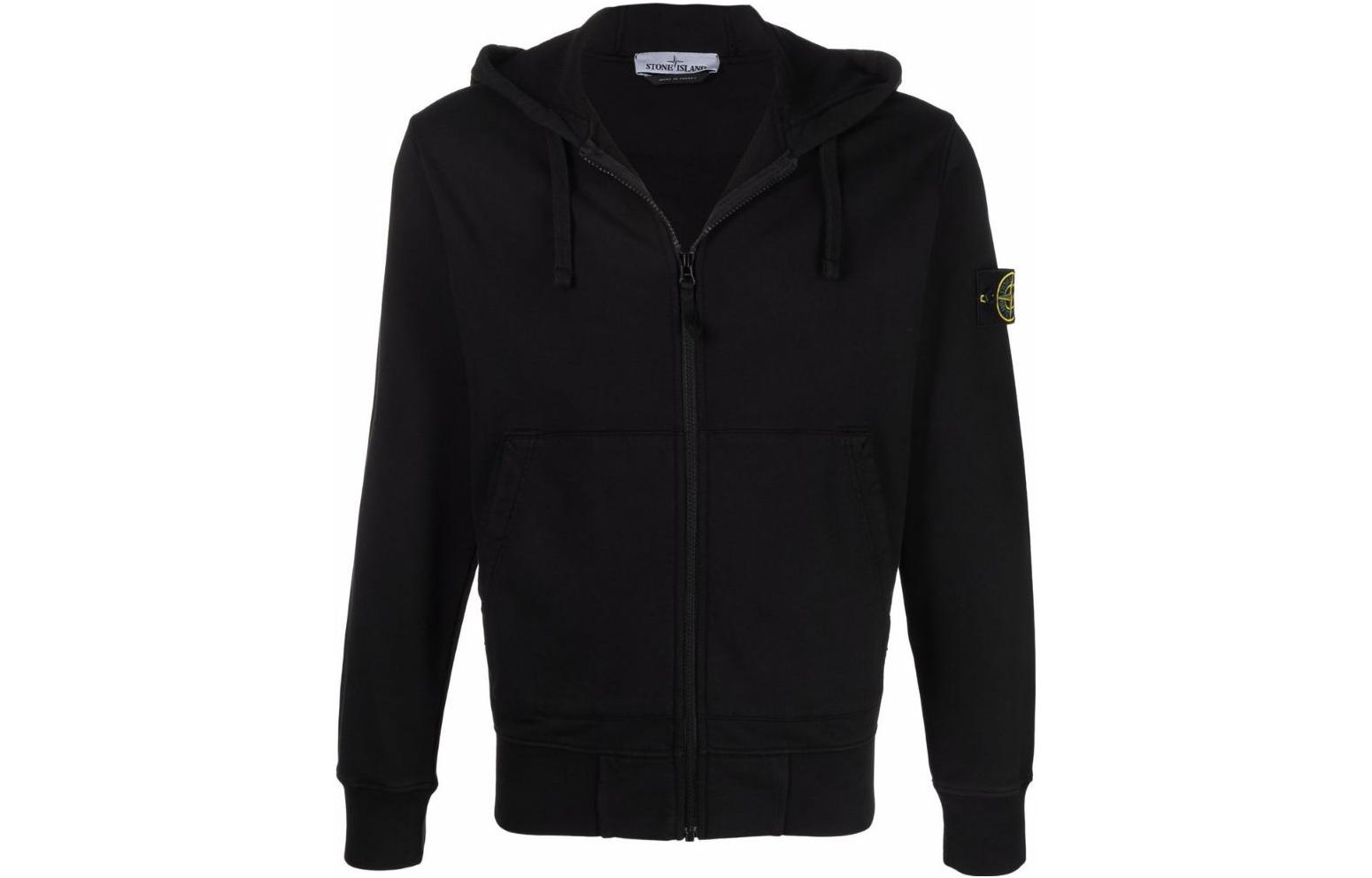 Stone Island FW22 Black Solid Color Zip Hoodie with Logo Patch Men’s 761564251-V0029