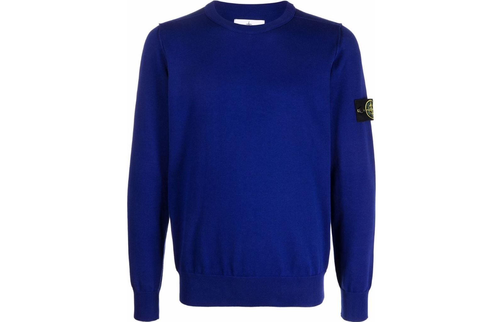 Stone Island FW22 Blue Crewneck Sweatshirt with Logo Patch 7615540B2-V0022
