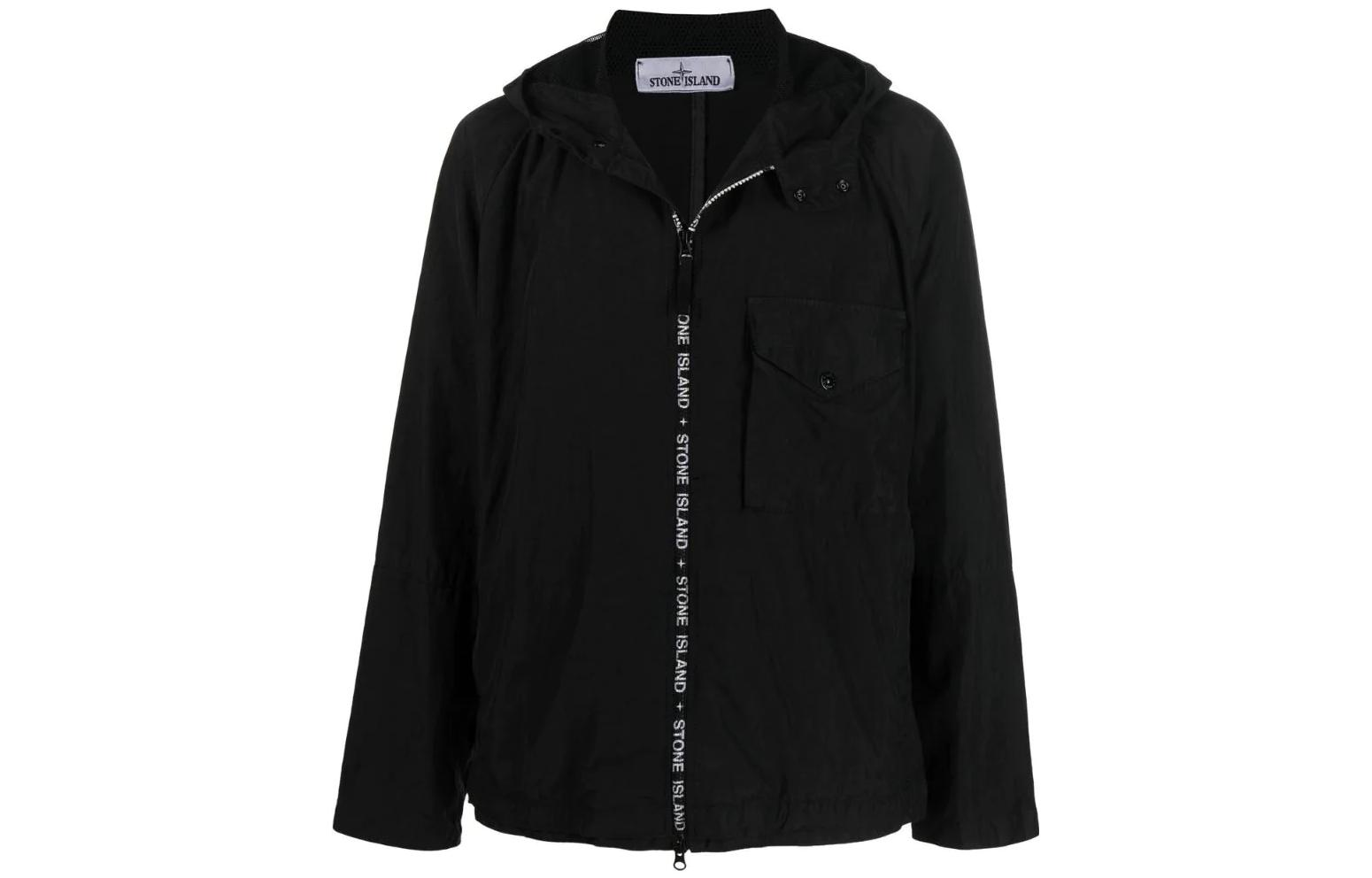 Stone Island FW22 Logo Print Trim Hooded Jacket Black 7615428E1-V0029