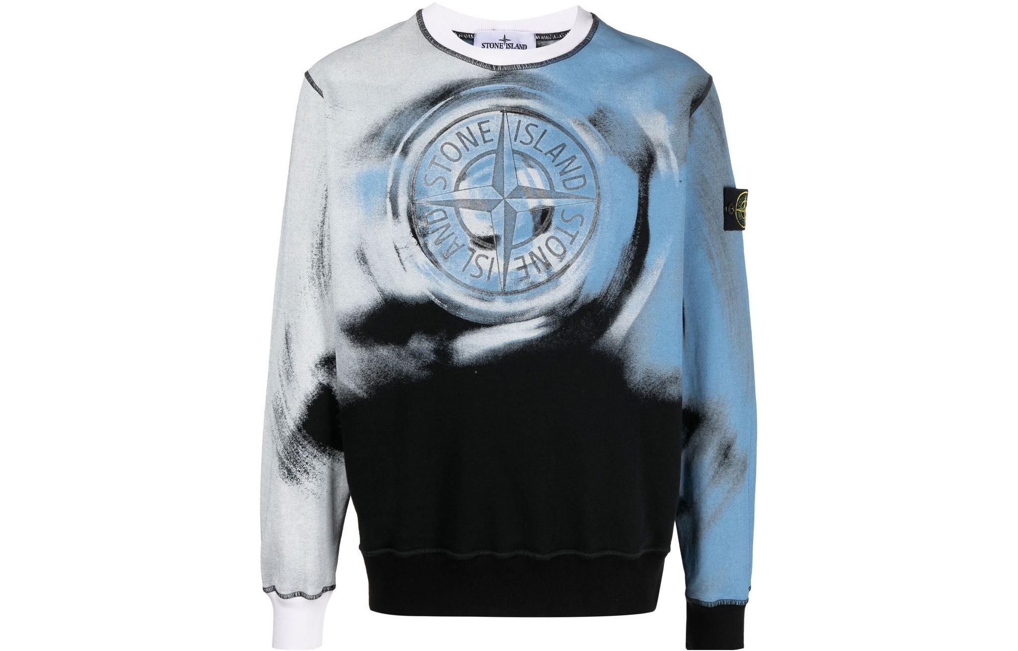 Stone Island FW22 Mixed Logo Print Erosion Dyed Crewneck Sweatshirt Blue Mens 771563045-V0029