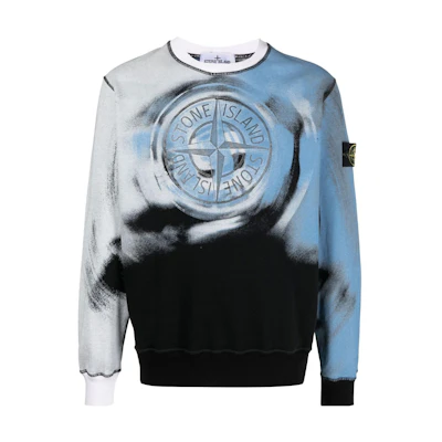 Stone Island FW22 Mixed Logo Print Erosion Dyed Crewneck Sweatshirt Blue Mens 771563045-V0029