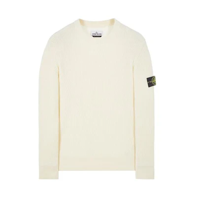 STONE ISLAND FW22 Natural White Logo Patch Wool Crewneck Sweater for Men 7715553C2-V0080