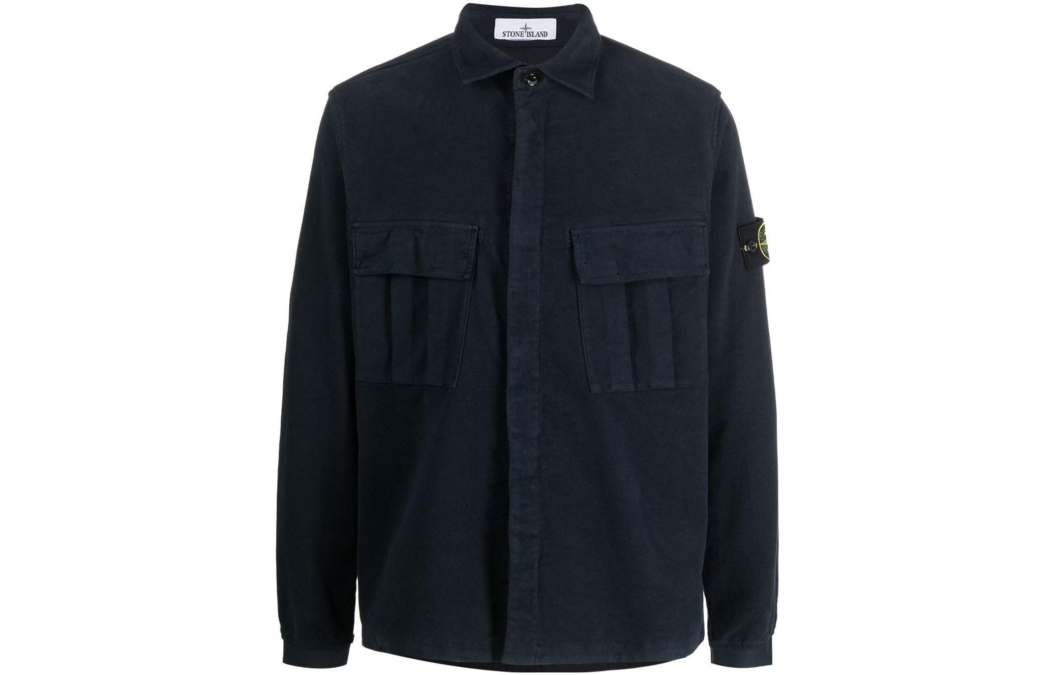 Stone Island FW22 Navy Button-Up Long Sleeve Jacket with Logo Patch 771511305-V0020