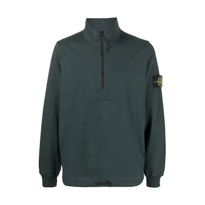 STONE ISLAND FW22 Olive Green Half-Zip Logo Patch Sweatshirt Pullover 7715627Q1-V0057