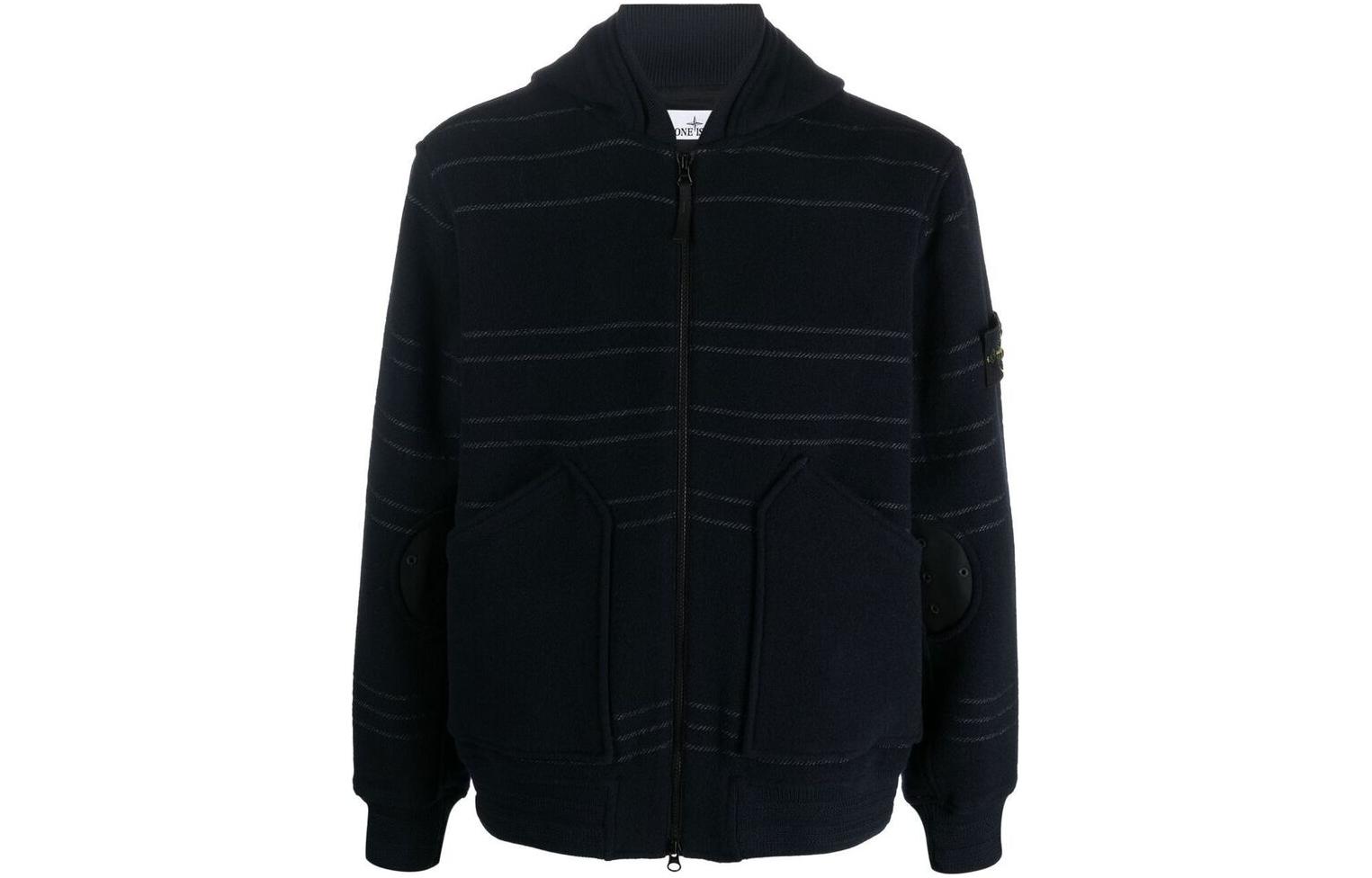 Stone Island FW22 Pinstripe Logo Patch Hooded Jacket Navy Menswear 771542854-V0020