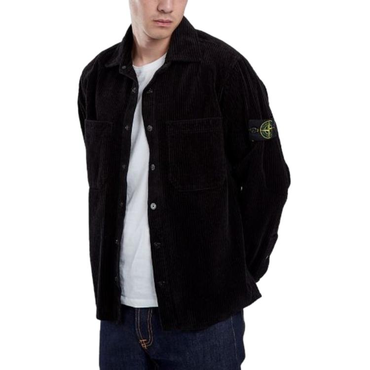 Shop Stone Island FW23 黑色男士徽標貼長袖襯衫 791511311-V0029