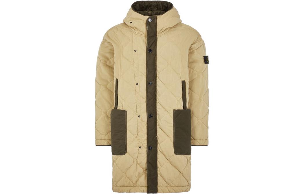 Stone Island FW23 Fili Quilted TC Colorblock Hooded Long Jacket Ecru Mens 791570133-V0091
