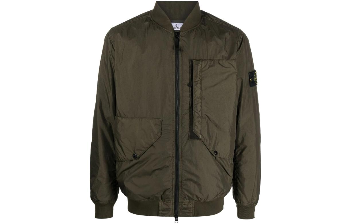 Stone Island FW23 Green Nylon Bomber Jacket with Sleeve Patch Menswear 791540923V0058