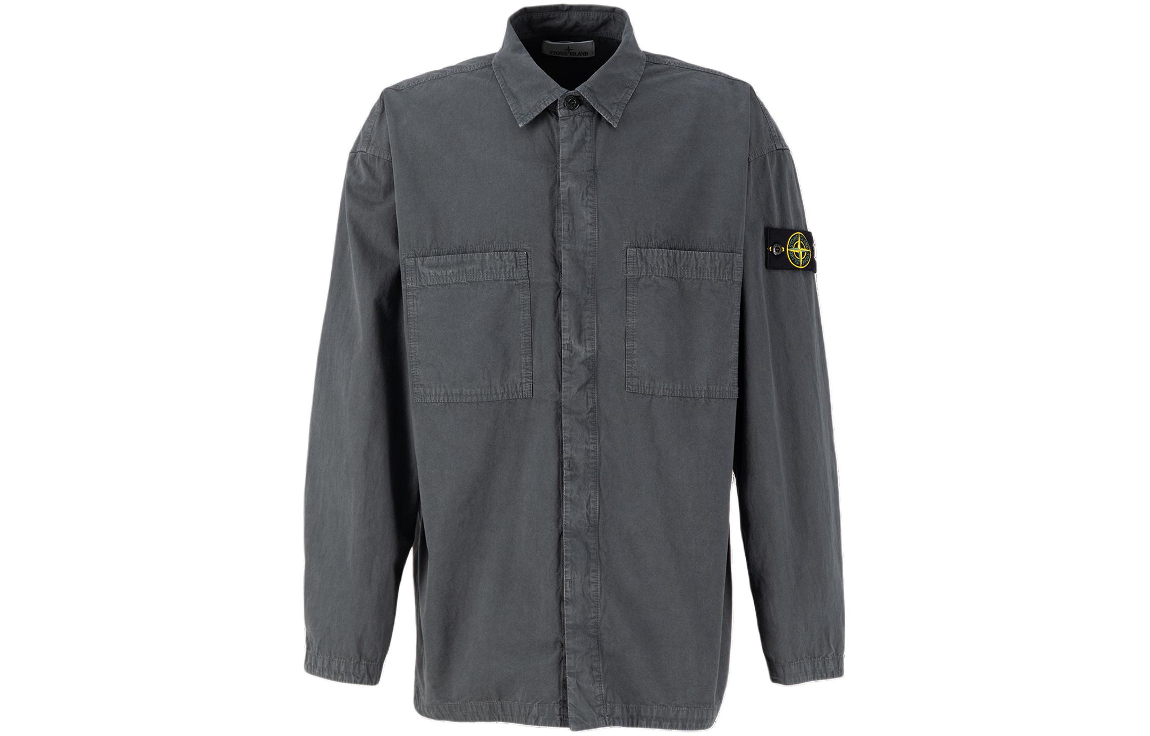 Order STONE ISLAND FW23 Logo Badge Button-Up Straight Long Sleeve Shirt Men Grey 7915112WN-V0162