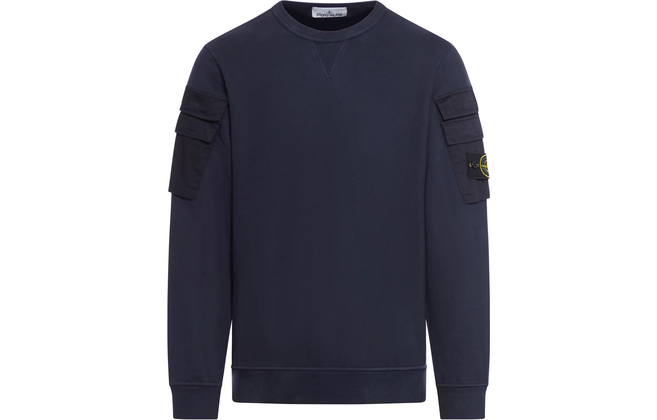 Order Stone Island FW23 Navy Cotton Crewneck Sweatshirt Lengan Kantong Casual Wear 791560577-V0020
