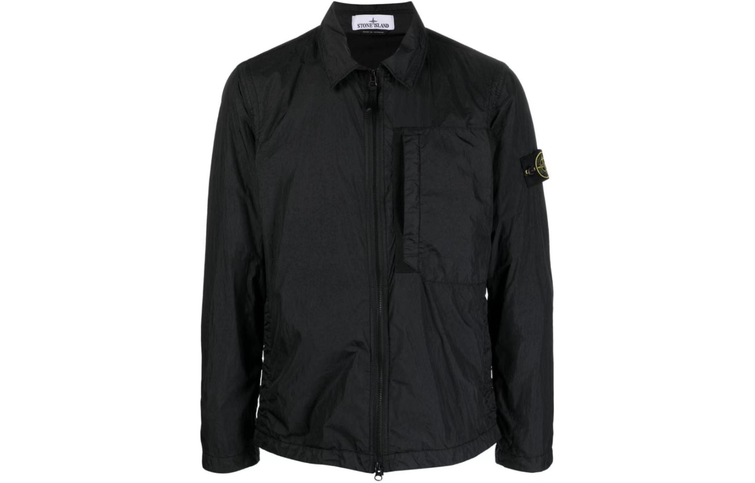 STONE ISLAND FW23 Nylon Zip-Up Collared Jacket with Chest Pocket Black 791510723-V0029