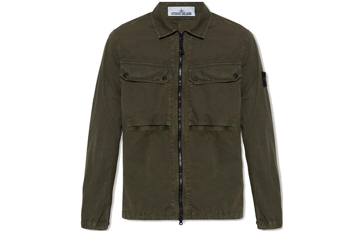 STONE ISLAND FW23 Organic Cotton Washed Olive Green Logo Shirt Jacket Mens 7915102WN-V0158