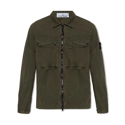 STONE ISLAND FW23 Organic Cotton Washed Olive Green Logo Shirt Jacket Mens 7915102WN-V0158