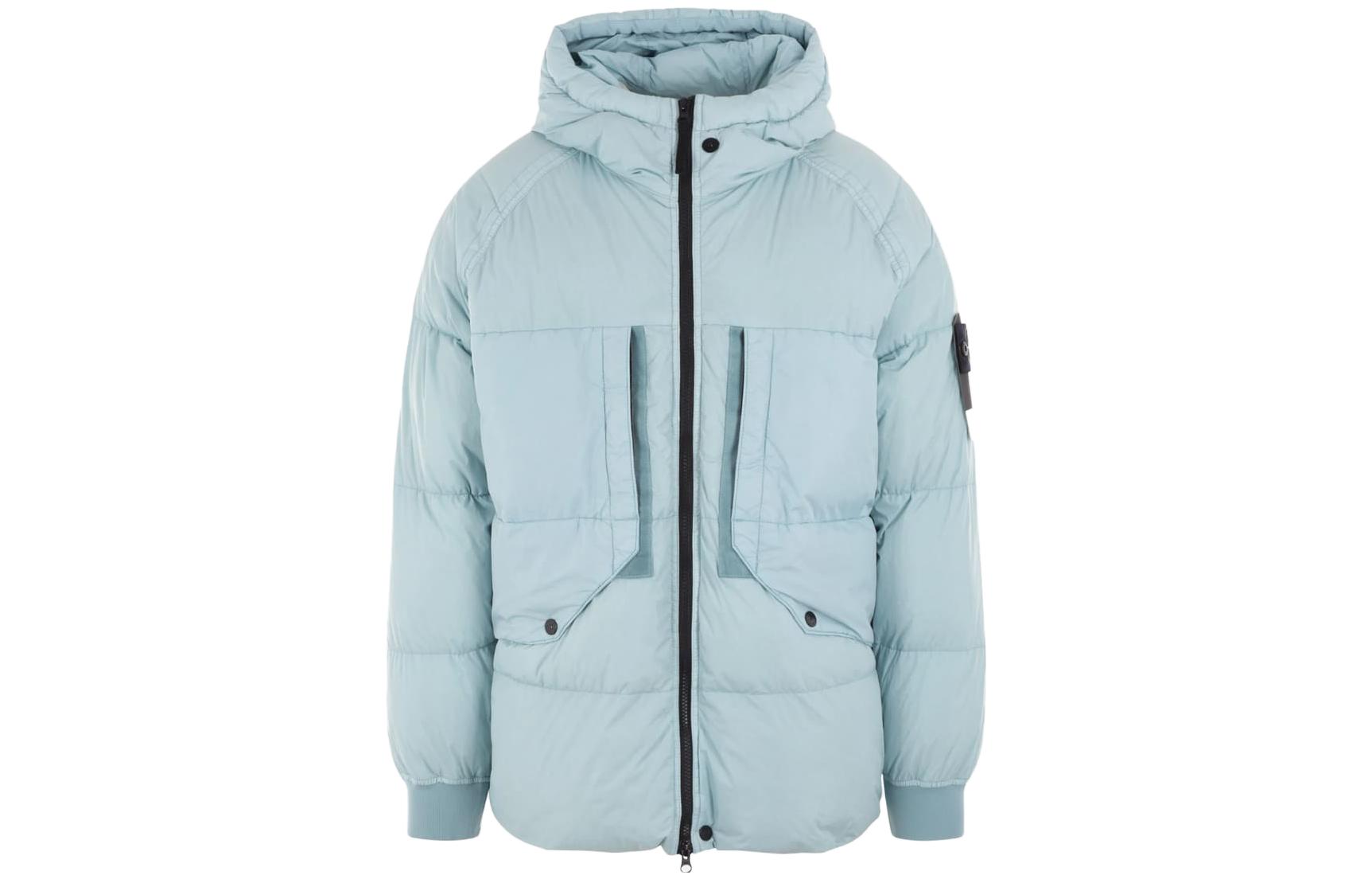 Stone Island FW23 Sky Blue Hooded Puffer Jacket with Full-Zip Closure 791540723-V0041
