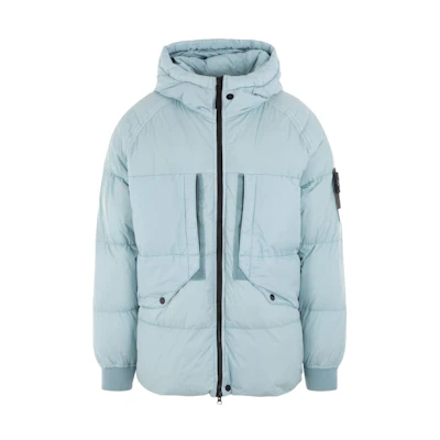 Stone Island FW23 Sky Blue Hooded Puffer Jacket with Full-Zip Closure 791540723-V0041