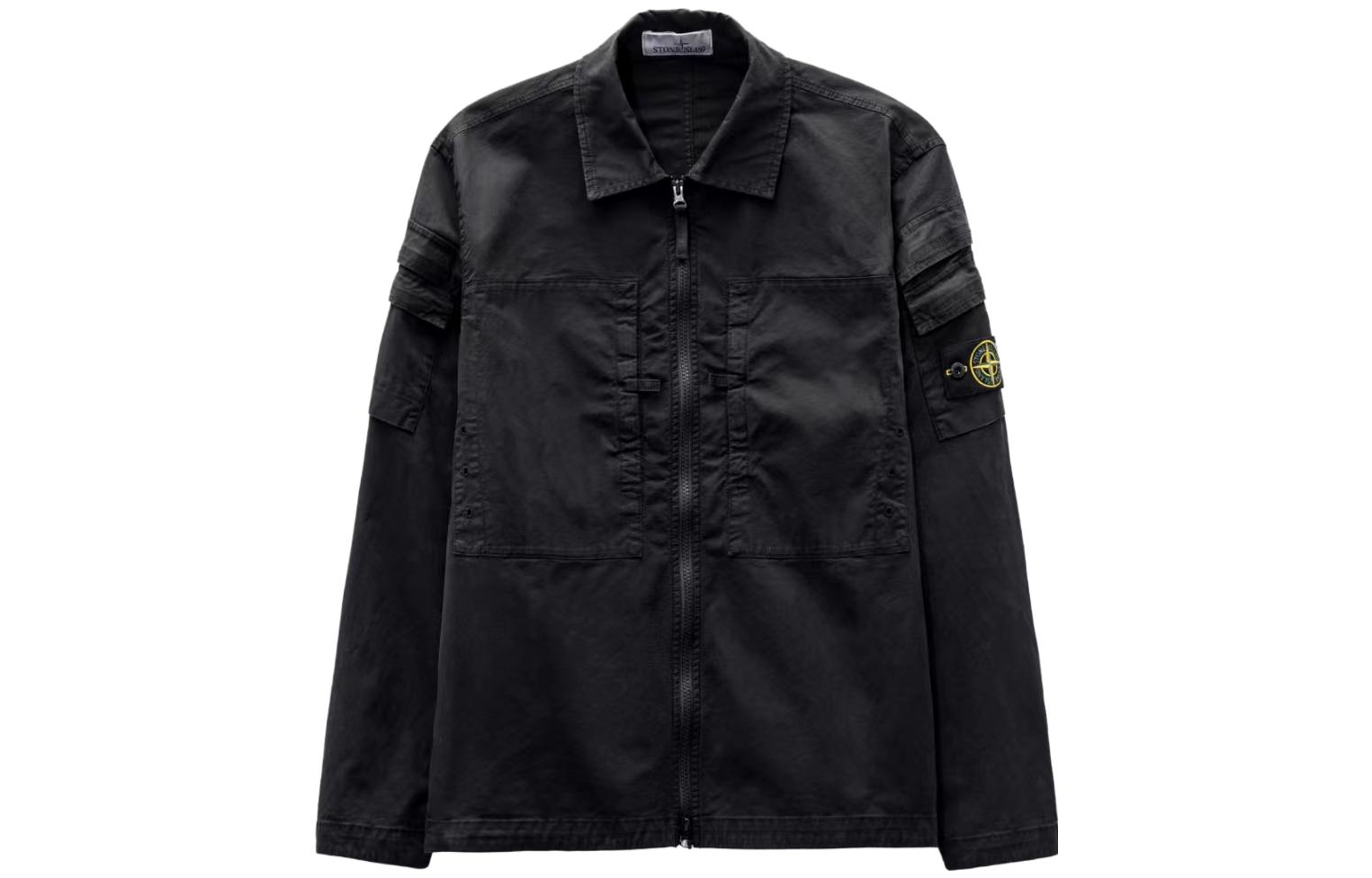 Stone Island FW23 Stretch Cotton Gabardine Badge Zip Shirt Jacket Black 791510610-V0029