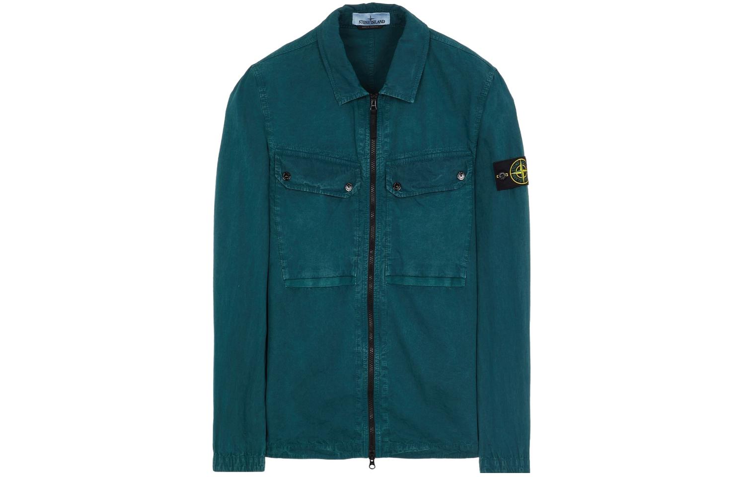 Stone Island FW23 Washed Organic Cotton Logo Shirt Jacket Petrol Green Men’s 7915102WN-V0157