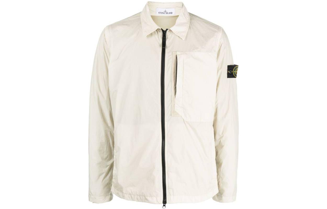 Stone Island FW23 White Nylon Zip-Up Jacket with Chest Pocket for Men. 791510723-V0097