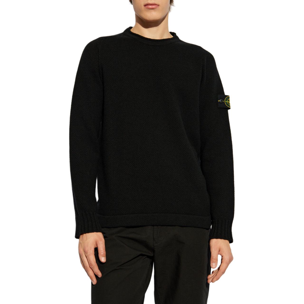 Shop STONE ISLAND FW24 黑色羊毛羅紋圓領針織衫 8115568A3-V0029