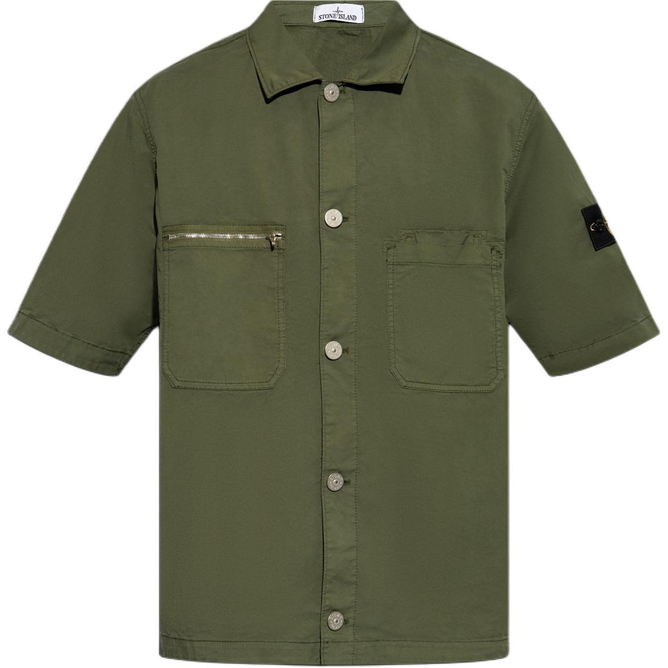 Stone Island FW24  Twill Short Sleeve Shirt Badge Olive Green Casual Wear. 811512410-V0059