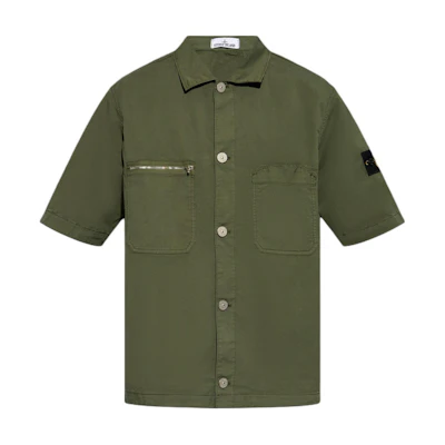 Stone Island FW24 Twill Short Sleeve Shirt Badge Olive Green Casual Wear. 811512410-V0059