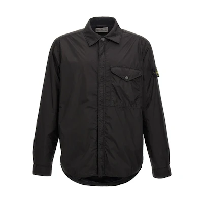 STONE ISLAND FW24 Black Crinkle Recycled Nylon Zip-Up Jacket with Badge - 8115Q0123-V0029